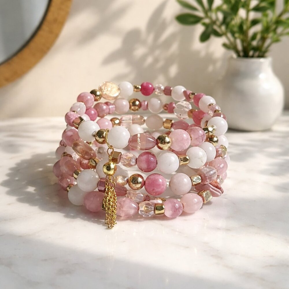 Amazonite Pink, White and‎ Gold Beaded Wrap Around Bracelet - New - Handmade